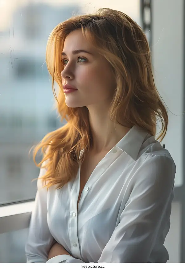 portrait of a beautiful young woman with long blond hair and green eyes