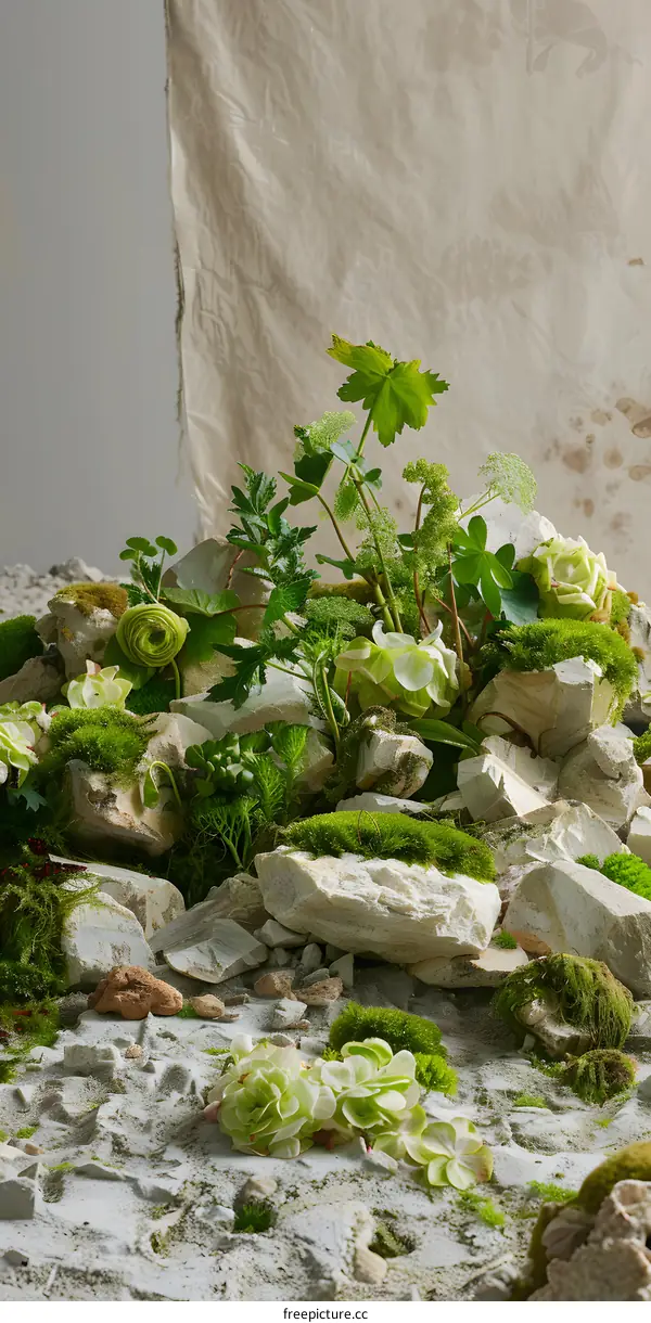 Green Plants Growing On Rocks With Moss