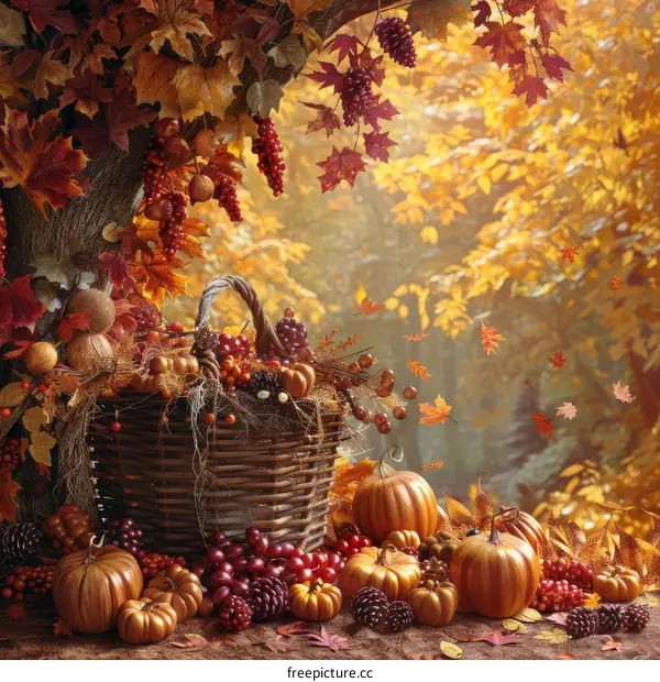 An autumn arrangement of pumpkins, gourds, grapes, and leaves