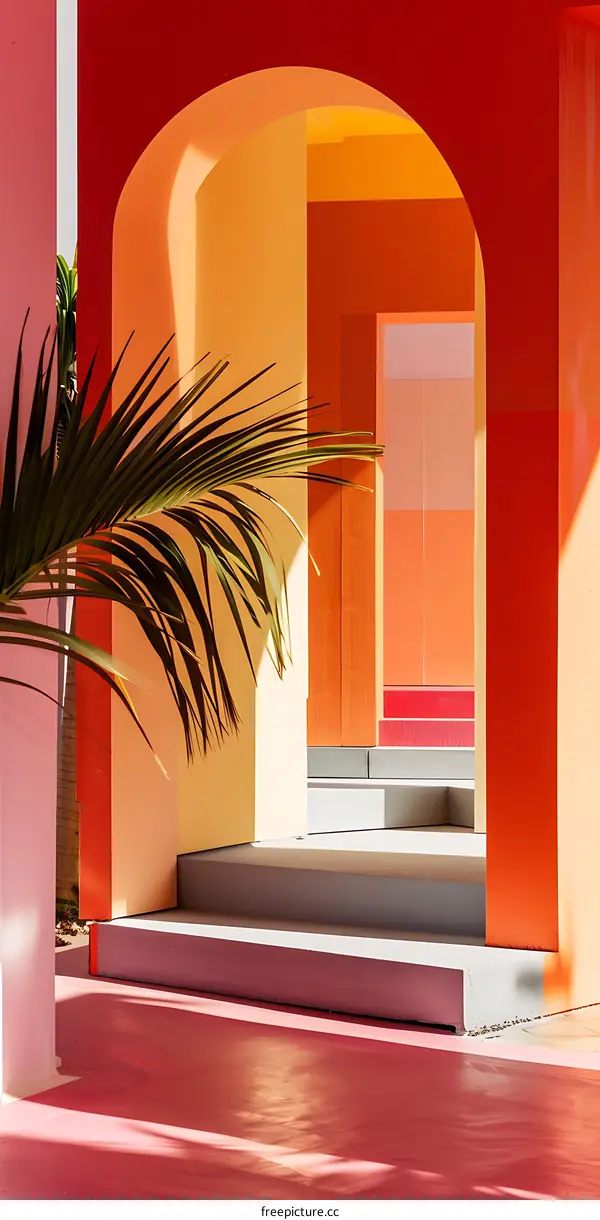 Colorful Archway and Steps in a Minimalist Building
