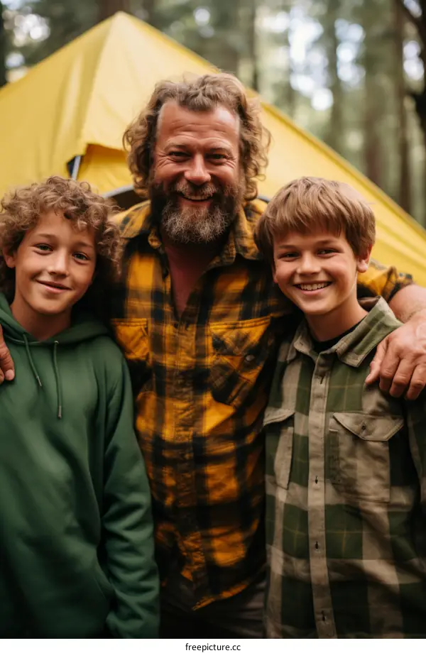 Happy family camping together in the woods