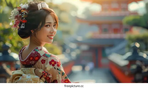 Portrait of a beautiful Japanese woman in traditional kimono