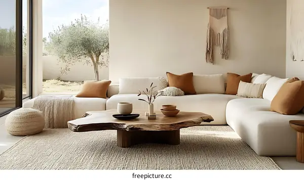 Modern Beige Living Room with Natural Wood Coffee Table
