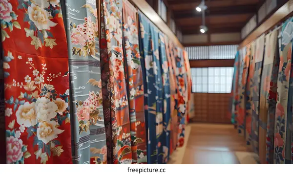 A variety of colorful kimono fabrics hang on racks in a traditional Japanese house