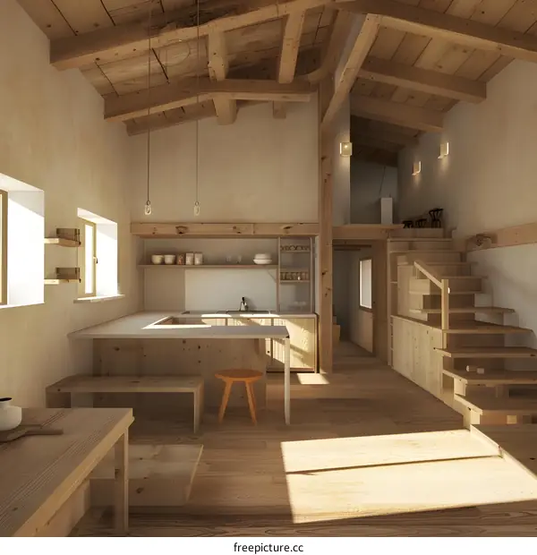 Modern Minimalist Kitchen Design With Wooden Beams And A Loft