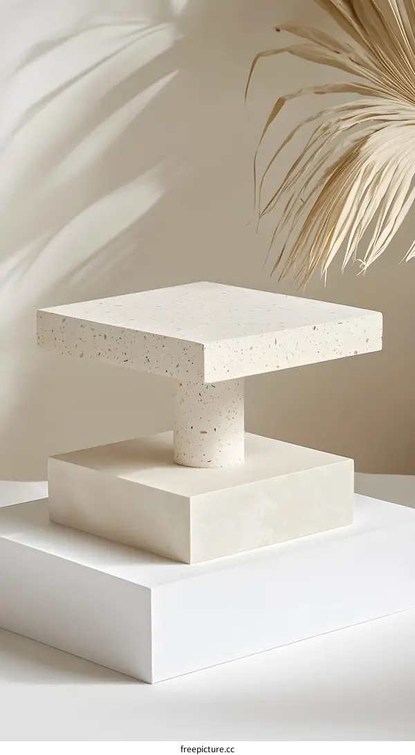 Minimalist White Stone Tabletop Display With Palm Leaf