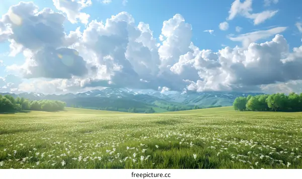 Springtime Meadow with Mountains and Clouds