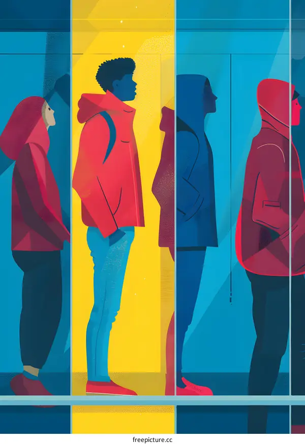 Line of People in Hoods and Coats Standing in Front of a Yellow Wall