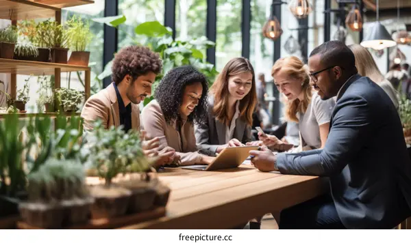 A group of people sitting at a table in a restaurant looking at a tablet.