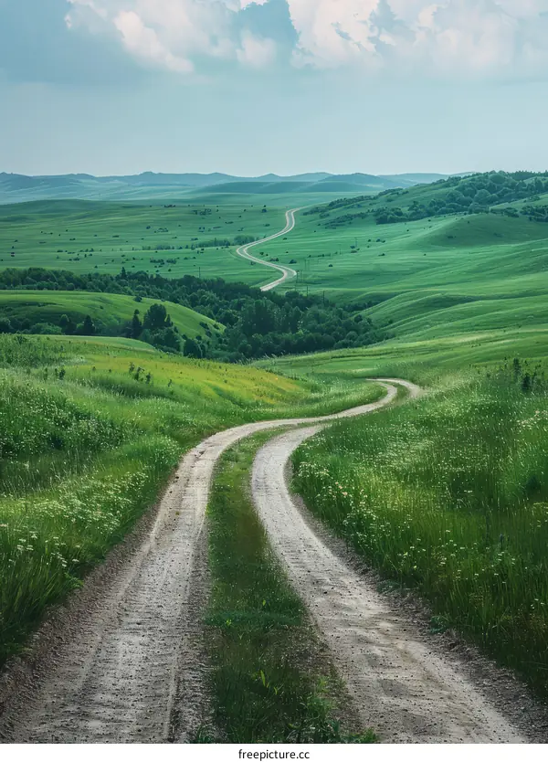 Country Road Winding Through Verdant Hills