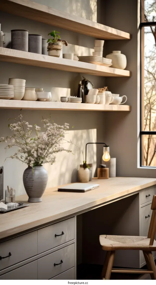A Modern Kitchen with a Wooden Desk and Flowers