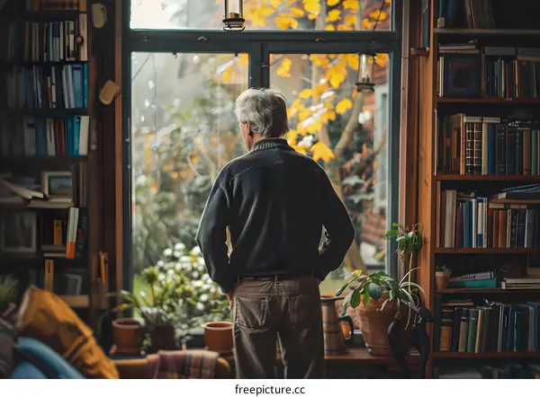 An old man standing in a library looking out the window