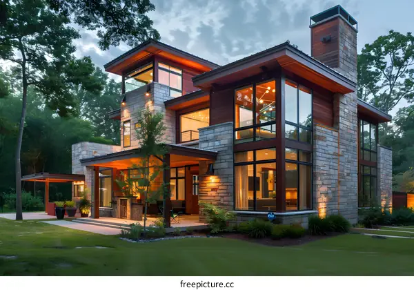 Modern House with Stone and Wood Exterior at Dusk
