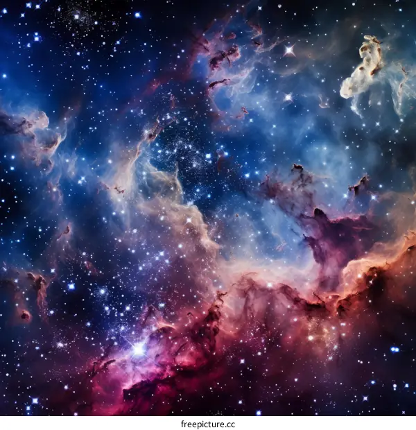 Interstellar space with glowing nebulae and stars