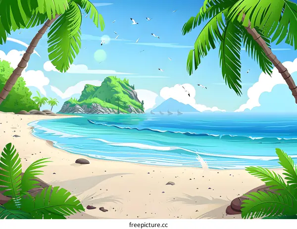 Tropical Beach Scene With Palm Trees And Blue Ocean