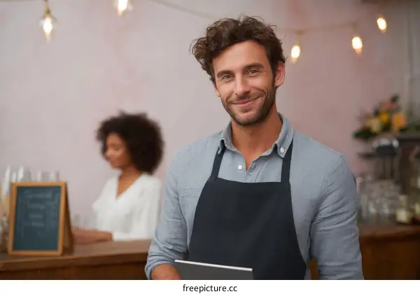 Smiling barista holding tablet in cozy café interior