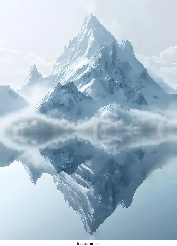 The snow-capped mountains are reflected in the lake