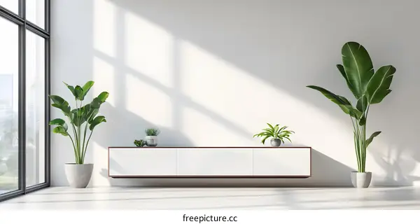 Modern Minimalist Living Room Interior Design With Plants and White Cabinet