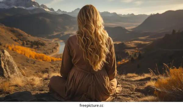 woman in brown dress sitting on rock meditating in mountains