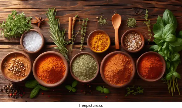 A variety of spices and herbs on a wooden table
