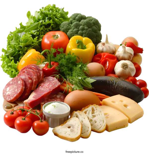 [Transparent Background PNG]Fresh Food Ingredients: A Colorful Collection of Vegetables, Meat, Bread and Cheese