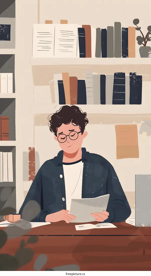 Man with Curly Hair Sitting at a Desk in a Library