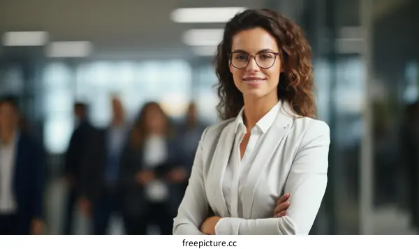 Confident businesswoman standing with arms crossed in front of blurred office background