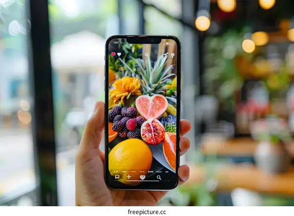 Hand Holding Smartphone Showing A Photo Of A Colorful Still Life With Fruits