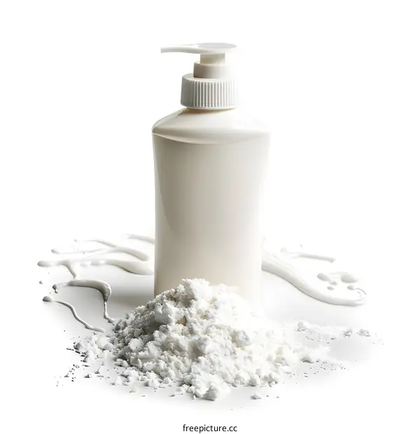 White Pump Bottle with Spilled Powder on White Background