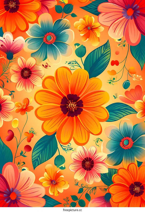 Colorful Floral Pattern with Orange and Yellow Flowers