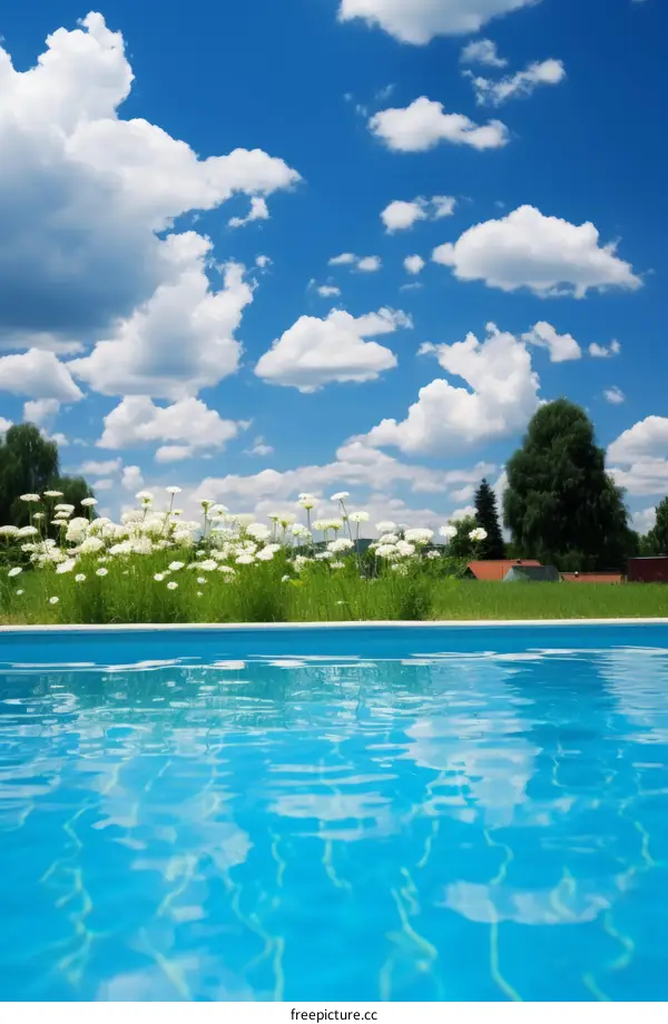 Tranquil Countryside Swimming Pool with White Flowers