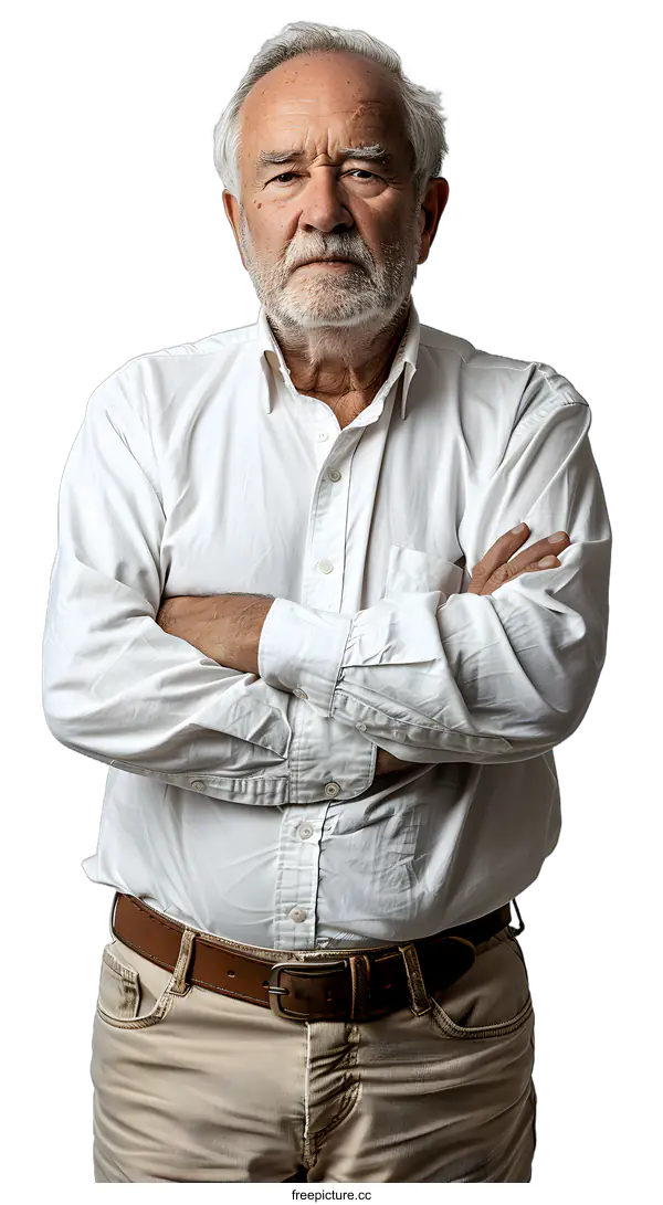 [Transparent Background PNG]Portrait of Senior Man with White Shirt and Brown Belt