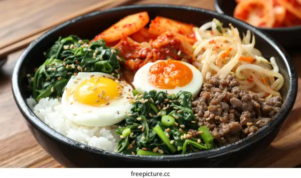 Traditional Korean Bibimbap with Beef, Egg, and Veggies Served in a Black Bowl