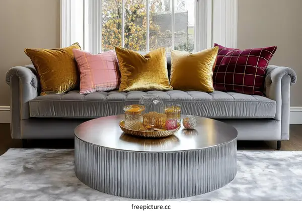 Gray Velvet Sofa with Colorful Pillows and Round Coffee Table