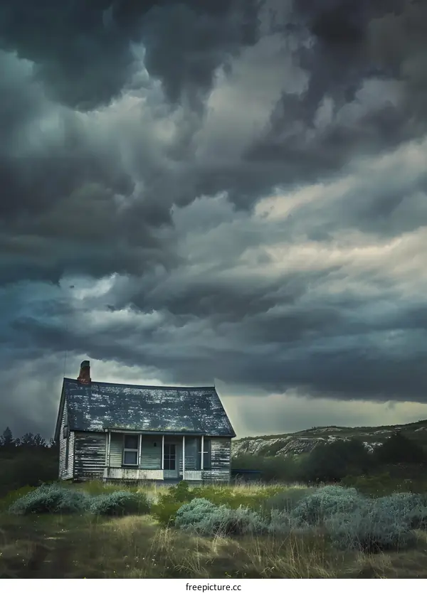 Old Wooden House Under Storm Clouds