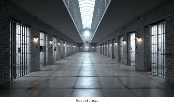 Empty Prison Corridor in a Modern Facility