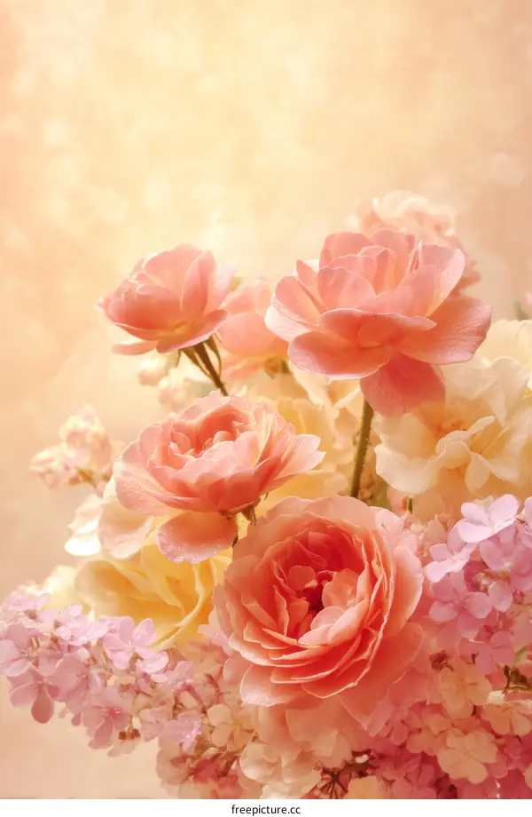 Beautiful Bouquet of Peach Roses and Lilacs