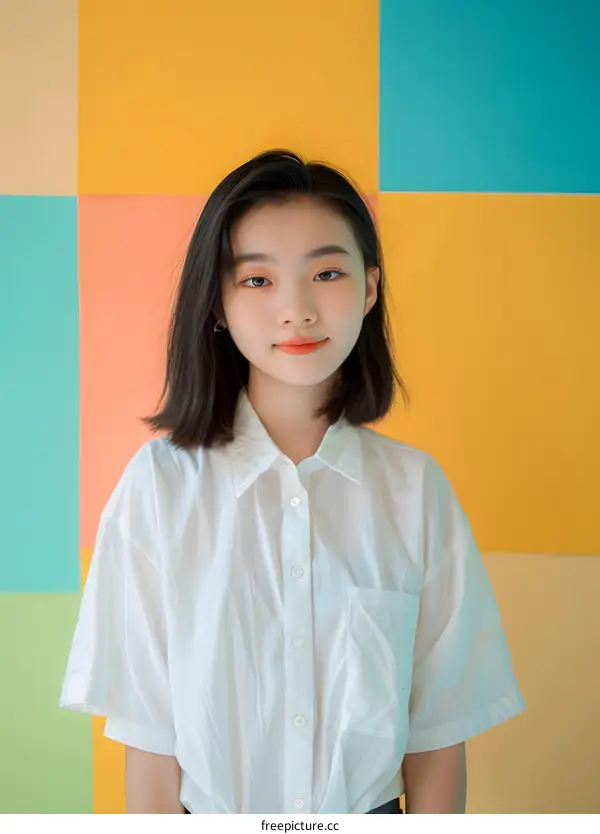 Asian Woman in White Shirt Posing Against a Colorful Background
