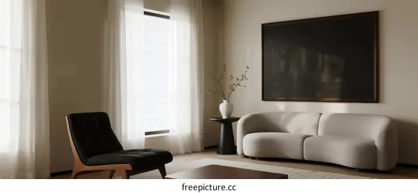 Modern living room with minimalist design and soft lighting