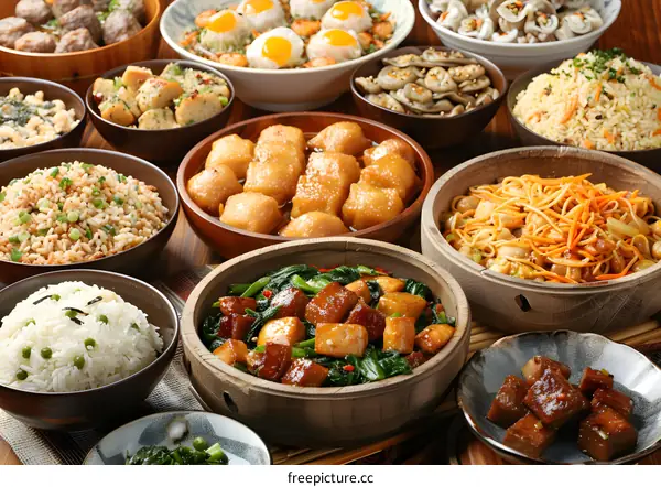Chinese Food Feast with Variety of Dishes