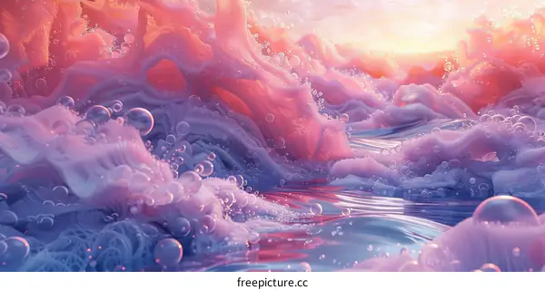 Abstract Pink and Purple Waves with Bubbles