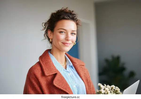 Business Woman with a Laptop and Flowers