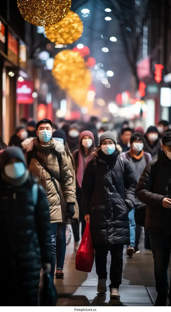 Crowded Asian city street with people wearing surgical masks during coronavirus pandemic