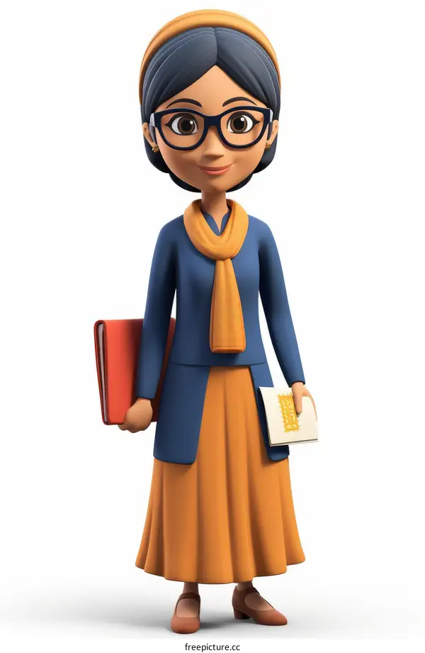 Indian Woman Teacher in Traditional Sari Holding Books