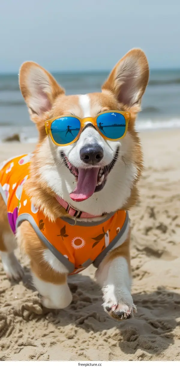 A happy corgi wearing sunglasses is running on the beach