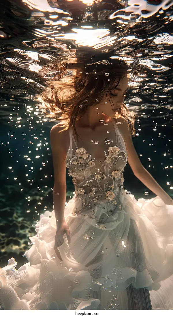 Woman in White Dress Poses Underwater
