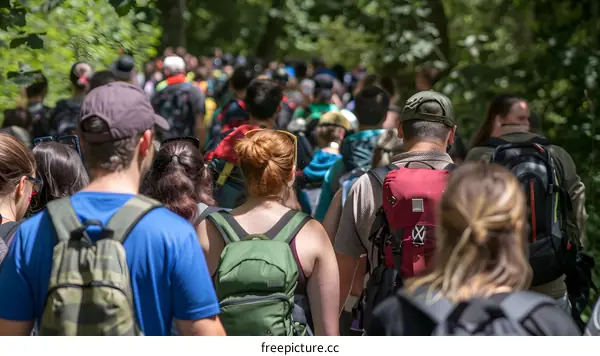 Group Of People Hiking In Forest