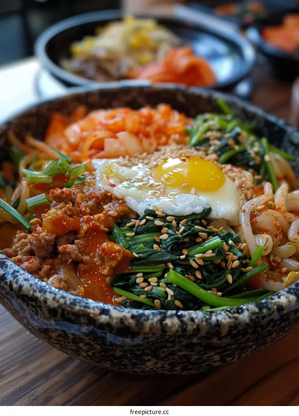 Korean bibimbap with egg, spinach, bean sprouts, and beef