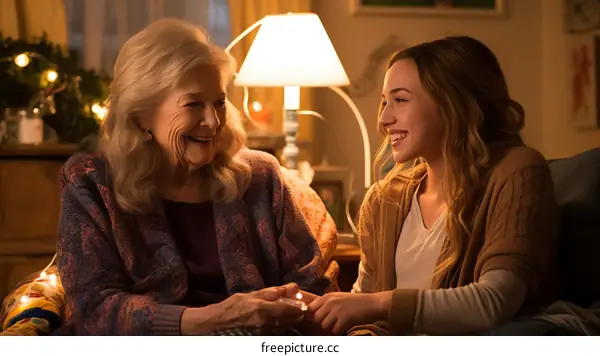 An elderly woman and a young woman are sitting on a couch and smiling at each other.