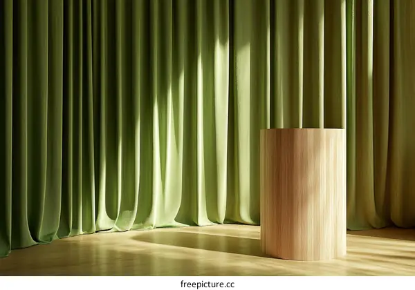 Empty Display Platform with Green Curtains